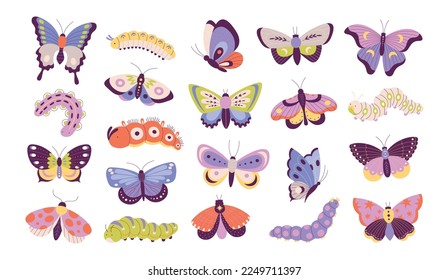 Colorful doodle butterfly and caterpillars. Moth, cartoon floral garden insects. Amazing isolated butterflies, isolated flying racy insect vector set