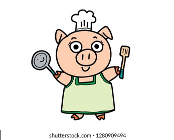 colorful doodle cartoon picture of smiling female pig in green dress with cook hat holding pan and turner