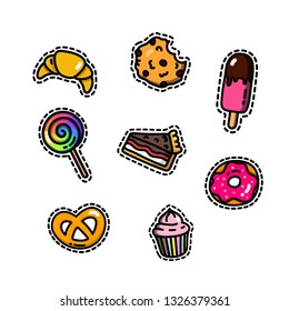 Colorful doodle cartoon vector set of sweets, bakery, desserts. Croissant, cookie, ice cream, lollipop, piece of cake, donut, pretzel, cupcake