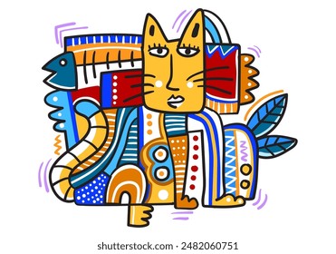 colorful doodle cat. Hand drawn cartoon animal illustration