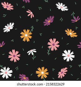 Colorful doodle chamomile or daisy flowers isolated on black background. Hand drawn floral seamless pattern vector illustration. Great for textile, paper, baby girl, fabric, gift wrap and more.