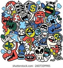 Colorful doodle chaos with economic symbols