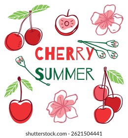 Colorful doodle cherries on white background with text. Summer print with juicy berries and flowers