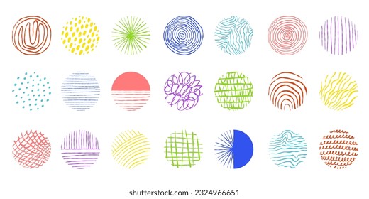 Colorful doodle circles. Abstract hand drawn minimal pattern. Isolated round shapes and drops or ink strokes decorative elements, scribble shapes minimalist background, color dots and lines vector set