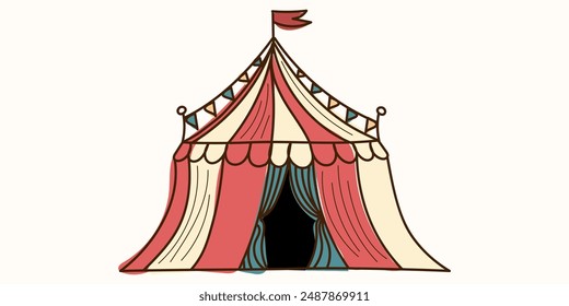 Colorful Doodle Circus tent with flag. Vector hand drawn, not AI illustration in brown, yellow, red, blue colors. Isolated on beige background. One from Circus carnival collection	