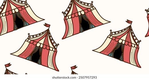 Colorful Doodle Circus tent with flag seamless pattern. Vector hand drawn, not AI illustration in brown, yellow, red, blue color. Isolated on beige background. One from carnival collection	