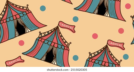 Colorful Doodle Circus tent with flag with inscription carnival and dots seamless pattern. Vector hand drawn, not AI illustration in brown, yellow, red, blue color. Isolated on beige background	