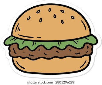 A colorful doodle of a classic hamburger with a beef patty, lettuce, and a sesame seed bun. Hand-drawn fast food sticker graphic.