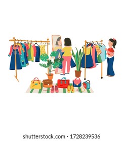 Colorful doodle clothing shop with people shopping at the weekend flea market, all on white background, illustration, vector.