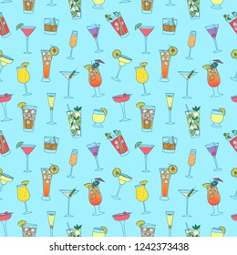 Colorful doodle cocktails seamless pattern. Hand drawn background for your design.