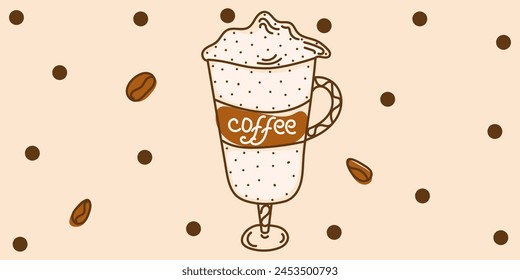 Colorful Doodle coffee with dots, beans in brown, white colors. Vector hand drawn illustration for card, business, banners, textile, wallpaper, wrapping. Isolated on beige background