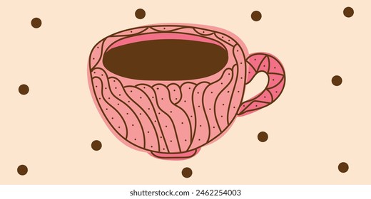 Colorido Doodle café o té, chocolate caliente con puntos en marrón, colores rosas. Ilustración dibujada a mano del Vector para el negocio, Anuncios, textil, Fondo de pantalla, envoltura. Aislado sobre fondo beige	