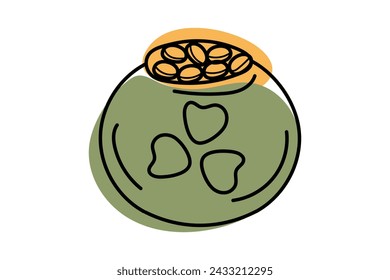 Colorful Doodle Coins in cauldron on St Patrick's Day. Yellow, green and black Vector hand drawn illustration for cards, banners, wallpaper, textile, wrapping	