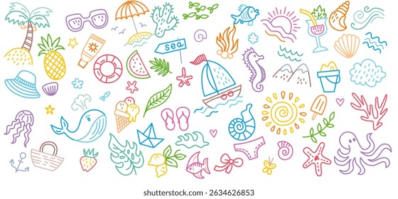 Colorful doodle collection with sea animals, vacation objects, ocean life, summer vibes, hand drawn style

