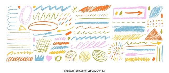 Colorful doodle crayon drawing, kid's chalk smears, squiggles and underlines.  Scribble rough strokes vector set. Wavy lines, highlighters, spiral and rainbow, grid and geometric shapes. Pencil doodle