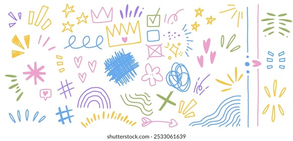 Colorful Doodle Crayon Set with Hand Drawn Elements. Cute Icons Featuring Hearts, Stars, Flowers and Abstract Icons in Vector Style.