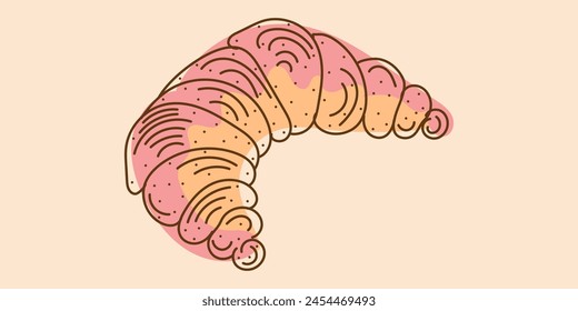 Colorful Doodle croissant with decor dots in brown, yellow, beige, pink colors. Vector hand drawn illustration for business, banners, textile, wallpaper, wrapping. Isolated on beige background