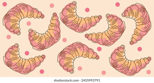 Colorful Doodle croissant seamless pattern with dots in brown, pink and yellow colors. Vector hand drawn illustration for business, banners, textile, wrapping, wallpaper. Isolated on beige background