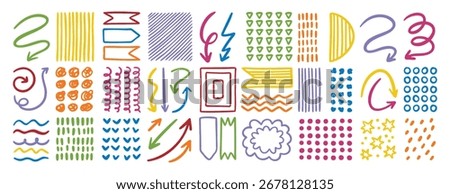 Colorful doodle design elements set, arrows, dots, lines and textures for creative. Vector illustration
