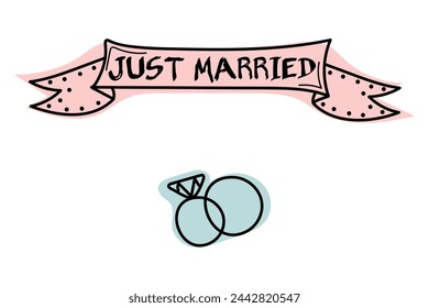 Colorful Doodle design Wedding Day with text Just married and two wedding rings. Multicolored vector hand drawn illustration done in black, blue, pink colors