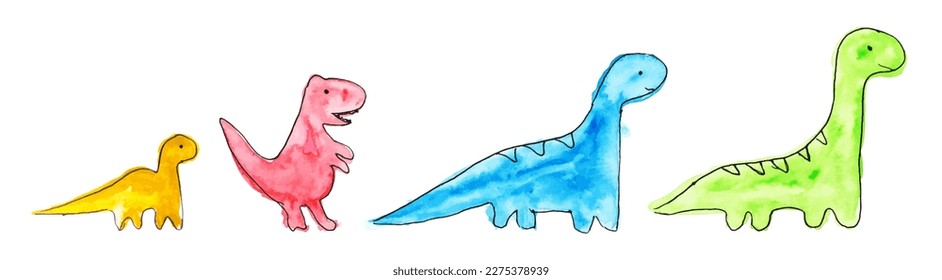 Colorful doodle dinosaur. Set of funny cartoon hand drawn dino. Hand painted watercolor illustration. Vector isolated on white background.