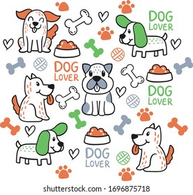 Colorful doodle dogs and words pattern