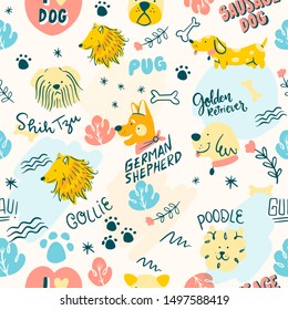 Colorful doodle dogs words seamless pattern. vector pattern design