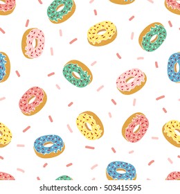 Colorful doodle donuts seamless pattern. Vector sweets background. 