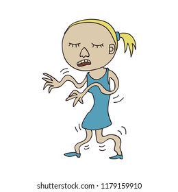 Colorful doodle drawing of female character walking with arms raised like zombie. Shaky arms and legs. Illness, tremor, restless leg syndrome, vitamin deficiency concept. Isolated on white background.