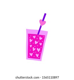 Colorful doodle drink in glass with hearts and straw isolated on white background.
