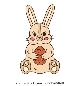 Colorful doodle Easter bunny with painted egg in the paws sitting and smiling. Hand drawn fluffy rabbit as sign of Easter egg hunt at religious springtime holiday. Spring sticker for poster, card.