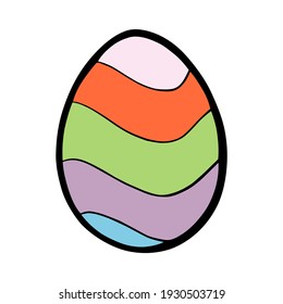 Colorful Doodle Easter Egg with wavy line on white silhouette. Hand drawn cartoon style, decoration for any design. Vector illustration of kid and holiday.