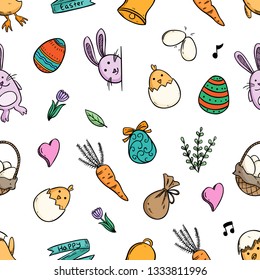 colorful doodle easter icons in seamless pattern with egg rabbit and floral