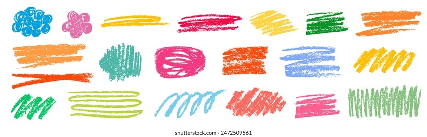 Colorful doodle elements in childish style isolated on white background. Set of hand drawn scribble different forms. Rough crayon color strokes. Collection of vector grunge doodle illustration.