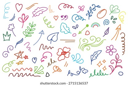 Colorful doodle elements are scattered across a white background creating a whimsical and playful design suitable for various creative projects such as invitations cards or website decorations.