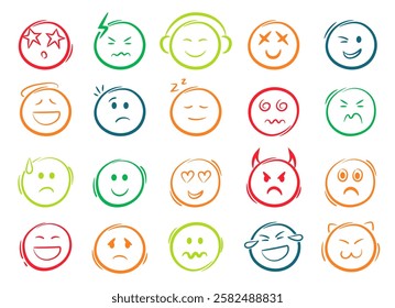 Colorful doodle emoji face icons set. Sketch style ink brush vector signs.