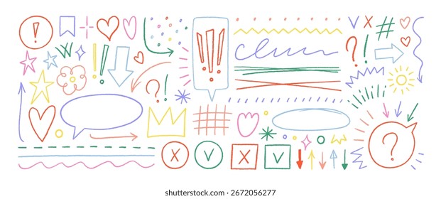 Colorful doodle emphasis elements, speech bubbles and underlines. Sketch arrow shapes, kid crowns, speech bubbles. Hand drawn doodle marker drawings for notes, diagrams and to do lists.