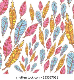 Colorful doodle feathers creative seamless pattern