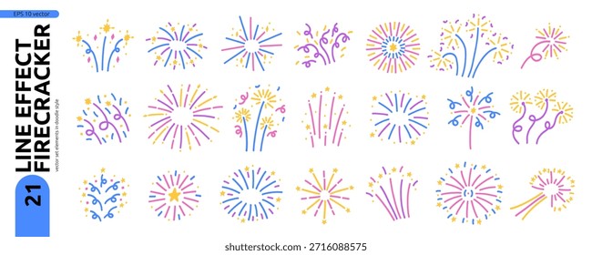 Colorido Doodle Сonfetti Firecracker Elemento Kit. Dibujado a mano Celebrar el Paquete de íconos de fuegos artificiales en fondo blanco. Conjunto de ilustración de Vector de línea
