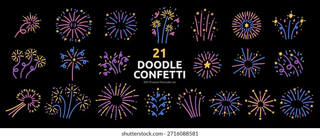 Colorido Doodle Сonfetti Firecracker Icon Kit. Dibujado a mano brillante Celebrar el Paquete del elemento de fuegos artificiales en fondo negro. Conjunto de Ilustración vectorial de línea amarilla