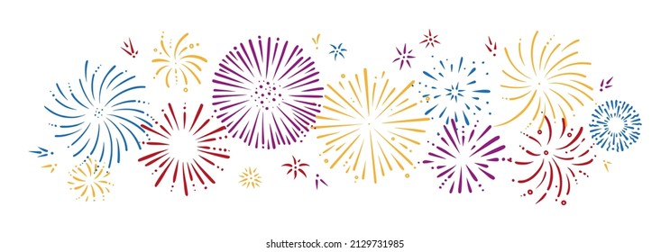 Colorful doodle firework set. Shiny foreworks for parties and celebrations. Vector illustration isolated in white background