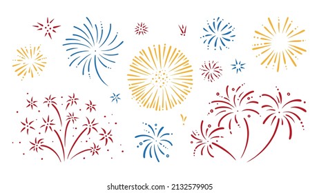 Colorful doodle firework set. Shiny foreworks for parties and celebrations. Vector illustration isolated in white background