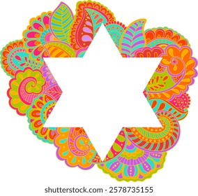 Colorful doodle floral composition with six pointed star copy space. Use for festivals, occasion, invitation
