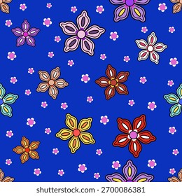 Patrón inconsútil colorido de la flor del garabato en el fondo azul, diseño plano lindo del Vector para la tela, papel de embalaje, papelería, decoración de los niños y proyectos digitales