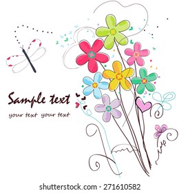 Colorful doodle flowers border greeting card 