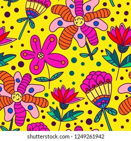 Colorful doodle flowers with dots on yellow background. Summer seamless pattern. Vector illustration. 