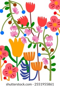 Colorful doodle flowers and plants hand drawn vector illustration. Different shapes and color element, icon and background floral collection. Design for poster, cards, wall art and print.
