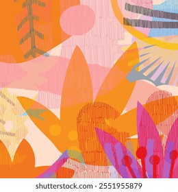 Colorful doodle flowers and plants hand drawn vector illustration. Different shapes and color element, icon and background floral collection. Design for poster, cards, wall art and print.