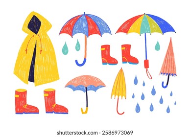 Colorful doodle folded and open umbrellas, rainy weather icons, rain coat and weather drops stickers. Cute naive crayon drawn vector elements. Naive playful abstract doodle shapes sticker pack.