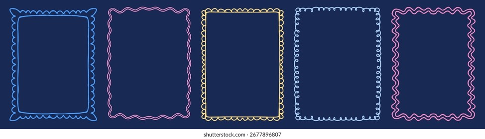 Conjunto Vetor De Bordas De Quadro De Rabisco Colorido. Contornos ondulados, ondulados, desenhados à mão para Scrapbook e Design